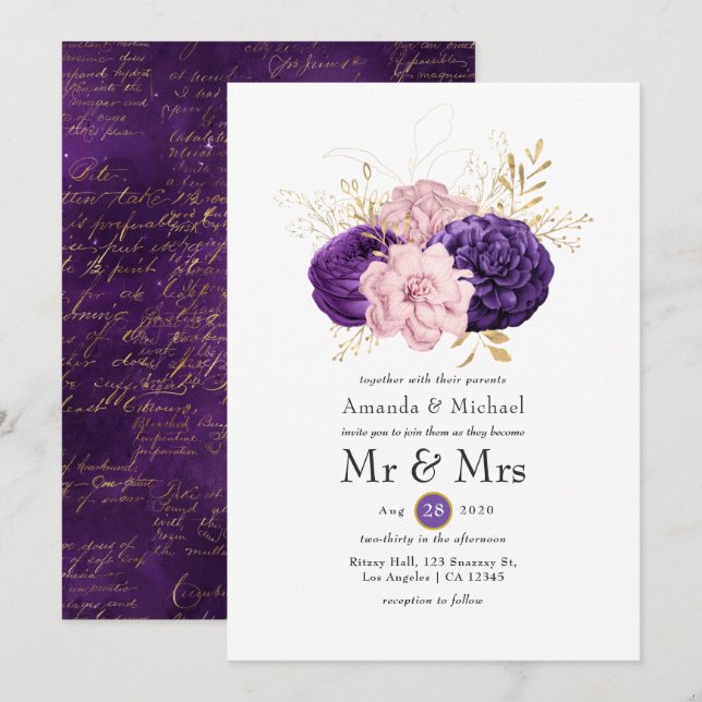 Convites Casamento Floral Rosa e Roxo (Frente/Verso)