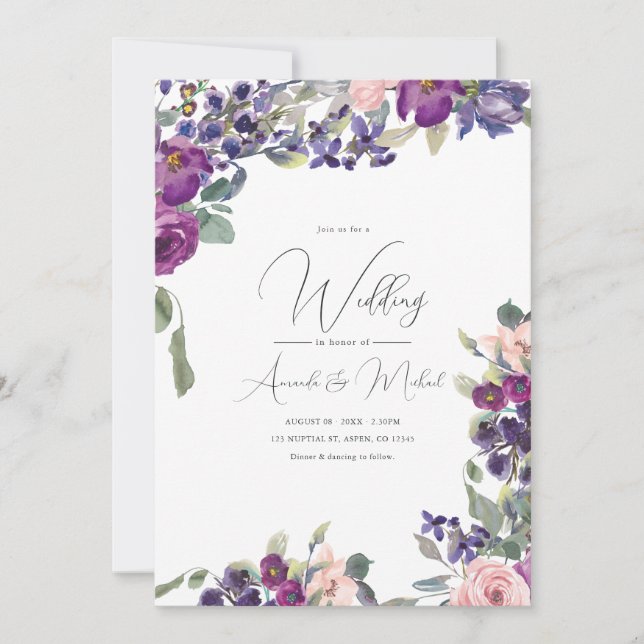 Convites Casamento Floral Rosa e Roxo Romântico (Frente)