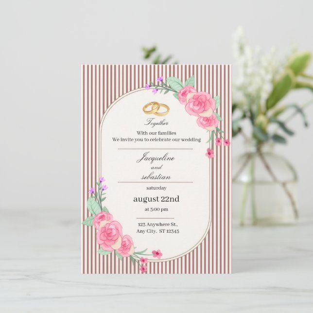 Convites Casamento Floral Rosa Elegante (Em pé/Frente)