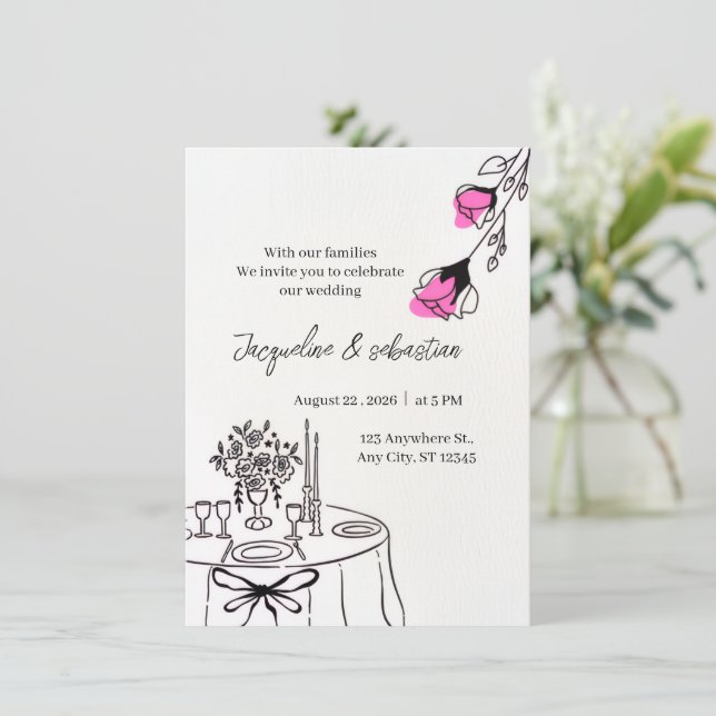 Convites Casamento Floral Rosa Elegante (Em pé/Frente)