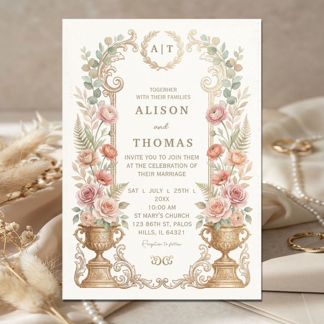 Convites Casamento Floral Rosa Elegante (Elegant Blush Floral Wedding Invitation #vintagefantasymagicalwhimsicaldreamy #elegantpaintedwater)