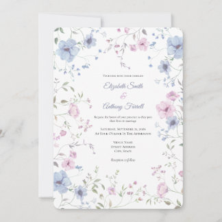 Convites Casamento Floral Rosa Elegante e Azul Desbotado