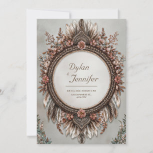 Convites Casamento Floral Rosa Empoeirada Pena Marrom Rústi
