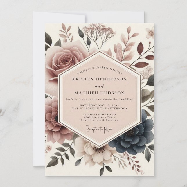 Convites Casamento Floral Rosa Empoeirado (Frente)