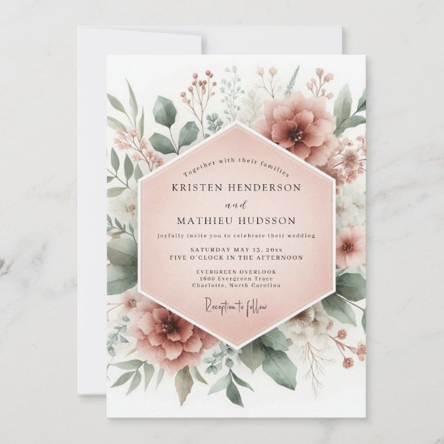 Convites Casamento Floral Rosa Empoeirado (Frente)
