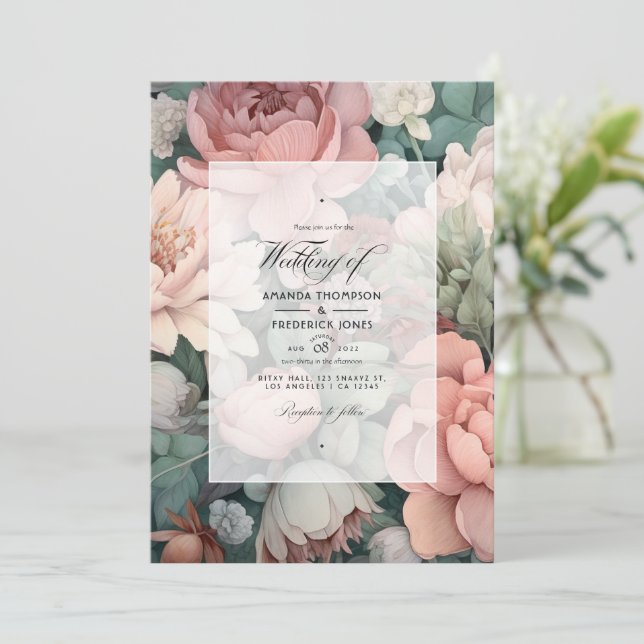 Convites Casamento Floral Rosa Empoeirado, Verde Hortelã e  (Em pé/Frente)
