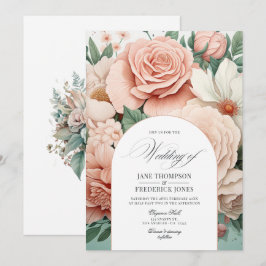 Convites Casamento Floral Rosa Empoeirado, Verde Menta e Bl