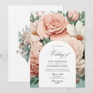 Convites Casamento Floral Rosa Empoeirado, Verde Menta e Bl