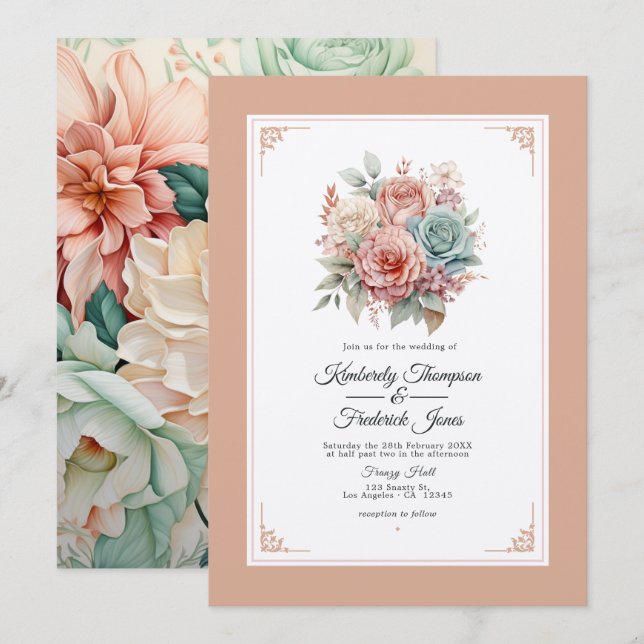 Convites Casamento Floral Rosa Empoeirado, Verde Menta e Bl (Frente/Verso)