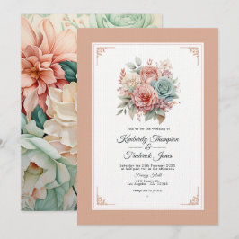 Convites Casamento Floral Rosa Empoeirado, Verde Menta e Bl