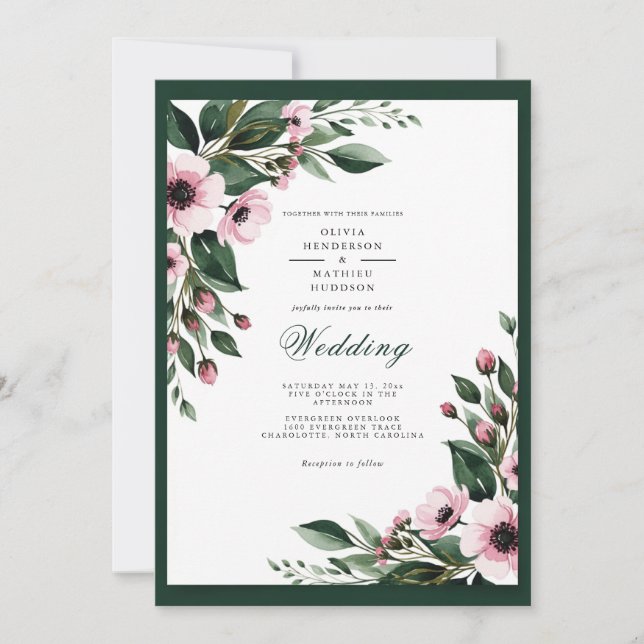 Convites Casamento Floral Rosa Esmeralda (Frente)
