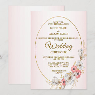 Convites Casamento Floral Rosa Geométrico Dourado Pêssego