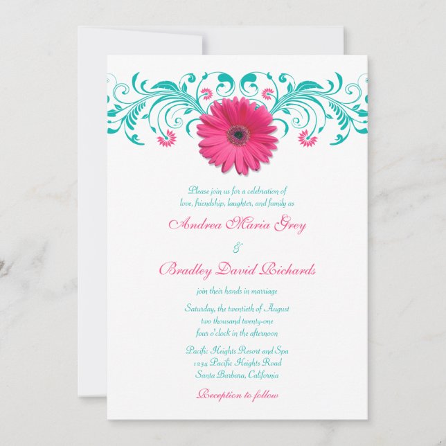 Convites Casamento Floral Rosa Gerbera Daisy Turquoise (Frente)