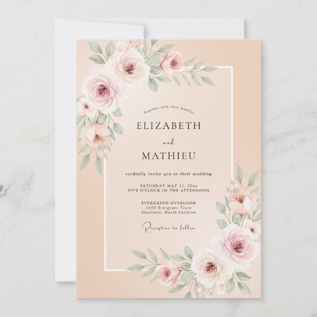 Convites Casamento Floral Rosa Gracioso Pêssego (Frente)