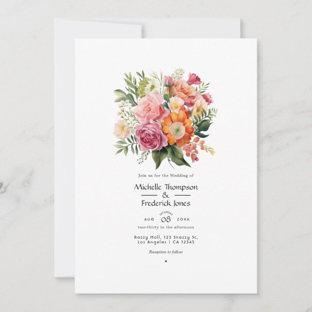Convites Casamento Floral Rosa, Laranja e Verde (Frente)