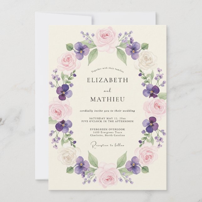 Convites Casamento Floral Rosa Lavanda Primavera (Frente)