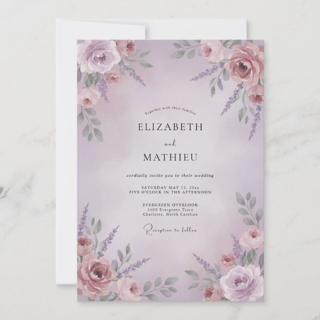 Convites Casamento Floral Rosa Malva (Frente)