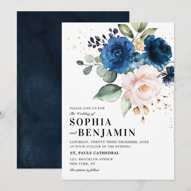 Convites Casamento Floral Rosa Marinho Azul com Azul (Frente/Verso)