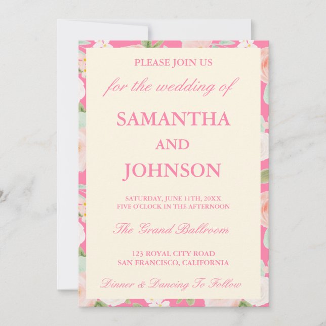 Convites Casamento Floral Rosa Moderno Antigo Marfim (Frente)