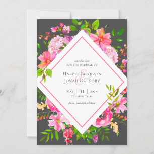 Convites Casamento Floral Rosa Moderno e Cinza Salve a Data