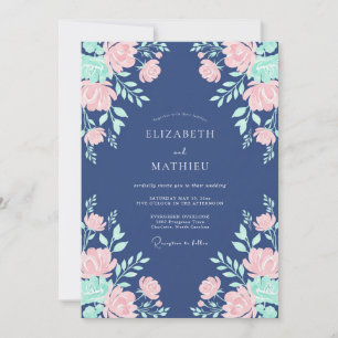 Convites Casamento Floral Rosa Navy Blossom