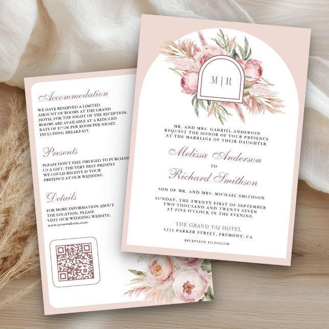 Convites Casamento Floral Rosa Pampas em Pó QR Code (Criador carregado)