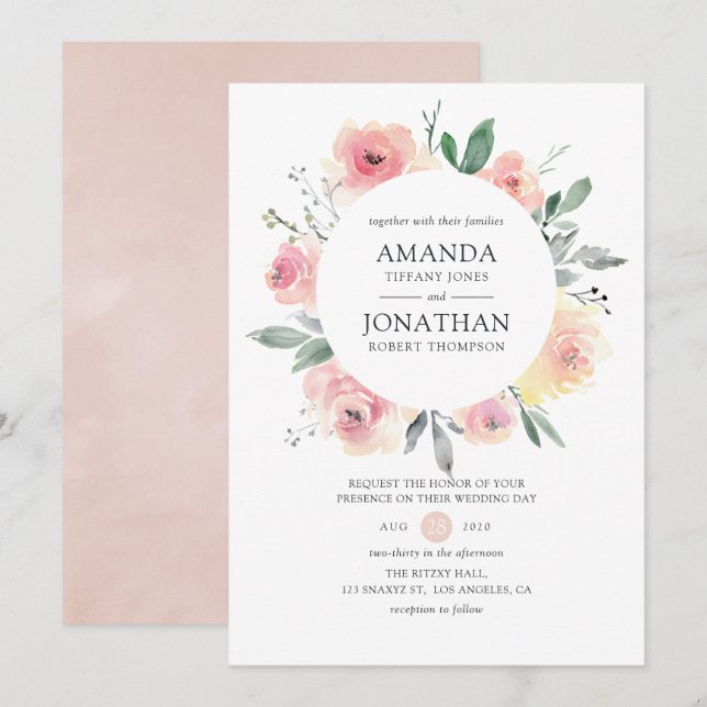 Convites Casamento Floral Rosa Pastel (Frente/Verso)