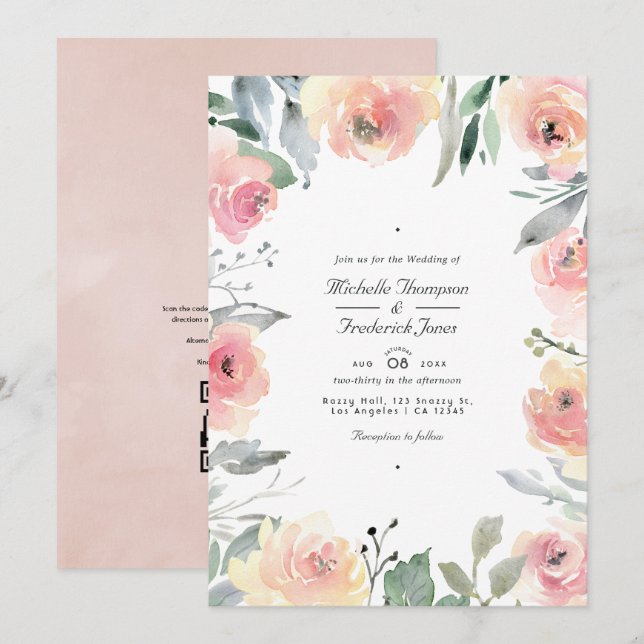 Convites Casamento Floral Rosa Pastel com Código QR para RS (Frente/Verso)