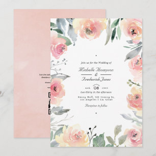 Convites Casamento Floral Rosa Pastel com Código QR para RS