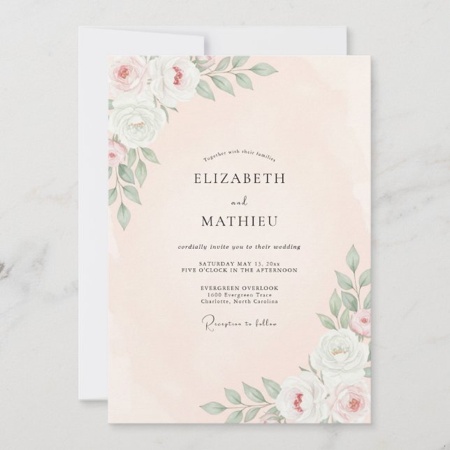 Convites Casamento Floral Rosa Pêssego (Frente)