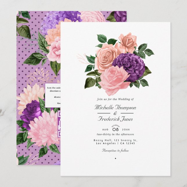 Convites Casamento Floral Rosa Pêssego e Lavanda Roxo (Frente/Verso)