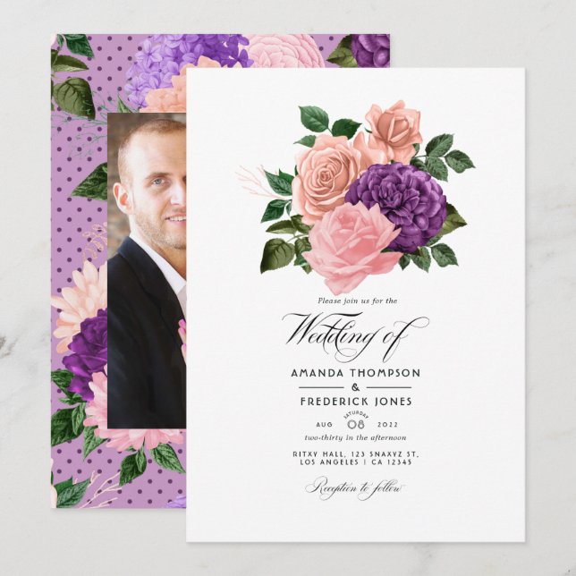 Convites Casamento Floral Rosa Pêssego e Lavanda Roxo (Frente/Verso)