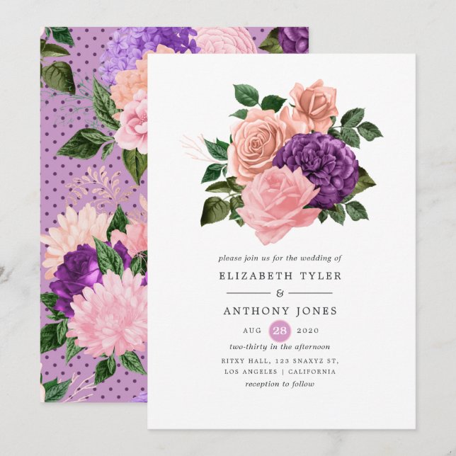 Convites Casamento Floral Rosa Pêssego e Lavanda Roxo (Frente/Verso)