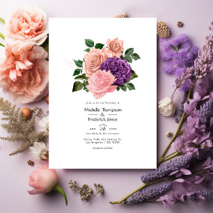 Convites Casamento Floral Rosa Pêssego e Lavanda Roxo