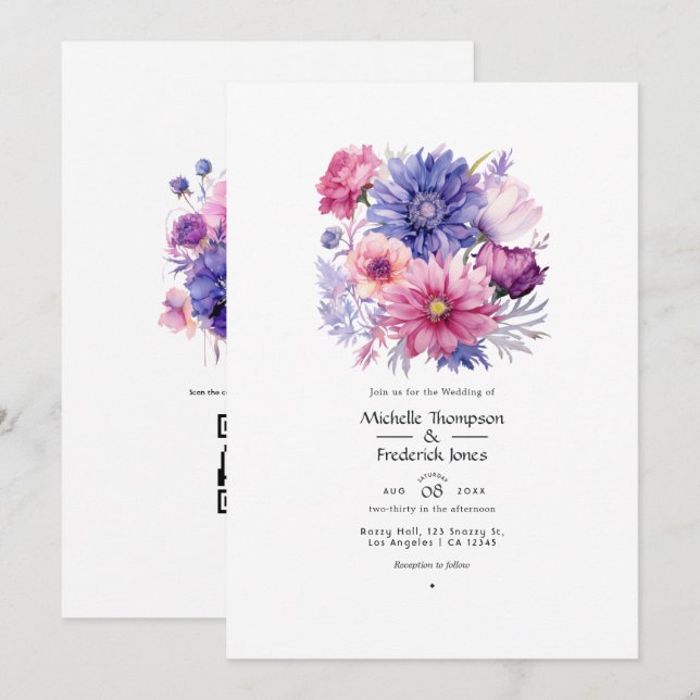 Convites Casamento Floral Rosa Pétala, Azul Centáurea e Mau (Frente/Verso)