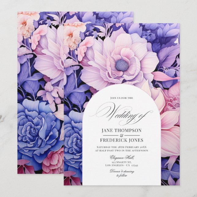 Convites Casamento Floral Rosa Pétala, Azul Centáurea e Mau (Frente/Verso)