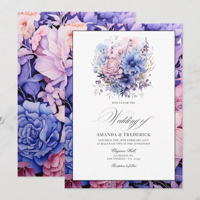 Convites Casamento Floral Rosa Pétala, Azul Centáurea e Mau (Frente/Verso)