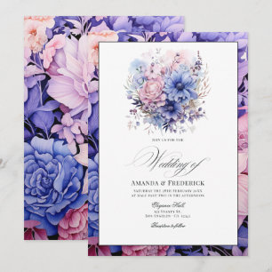 Convites Casamento Floral Rosa Pétala, Azul Centáurea e Mau