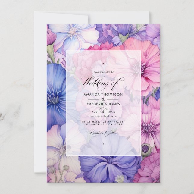 Convites Casamento Floral Rosa Pétala, Azul Centáurea e Mau (Frente)