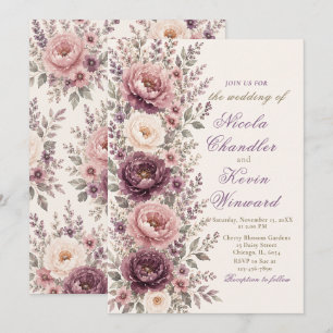 Convites Casamento Floral Rosa Poeira e Ameixa