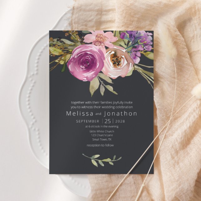 Convites Casamento Floral Rosa Poeira Roxo (Criador carregado)