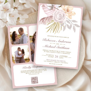 Convites Casamento Floral Rosa Poeira Rústico Código QR