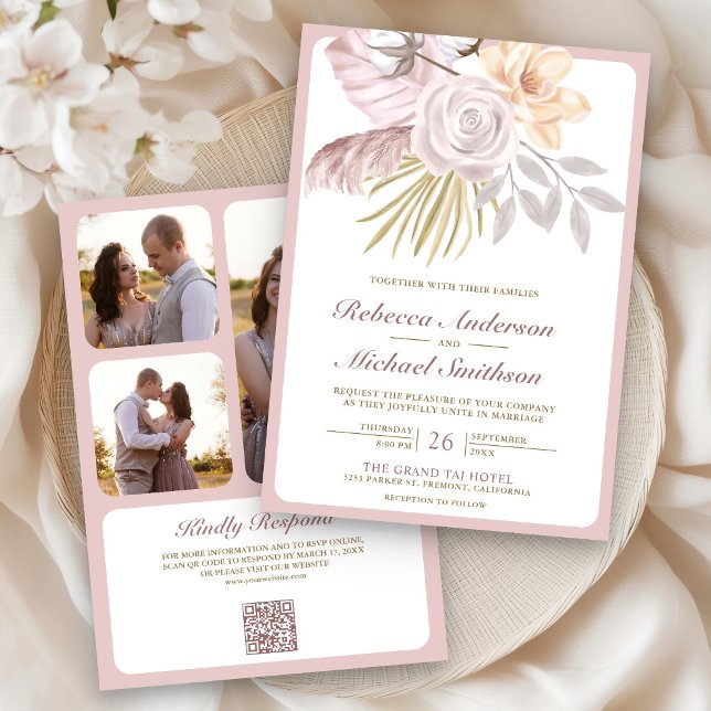 Convites Casamento Floral Rosa Poeira Rústico Código QR (Criador carregado)