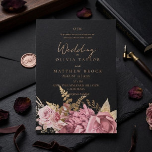 Convites Casamento Floral Rosa Poeirento e Preto ⎮Bege e Ro