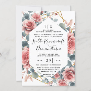 Convites Casamento Floral Rosa Poente Elegante Dourado