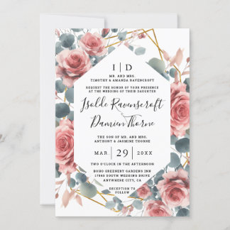Convites Casamento Floral Rosa Poente Elegante Dourado