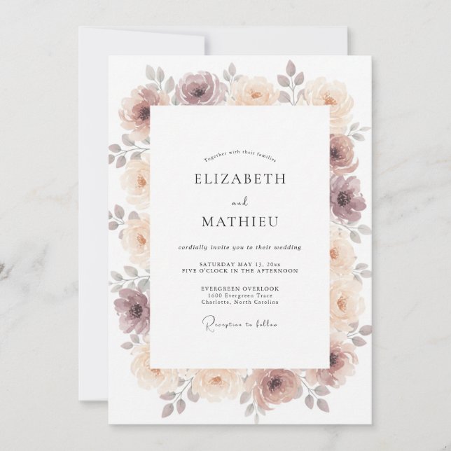Convites Casamento Floral Rosa Poente Malva (Frente)