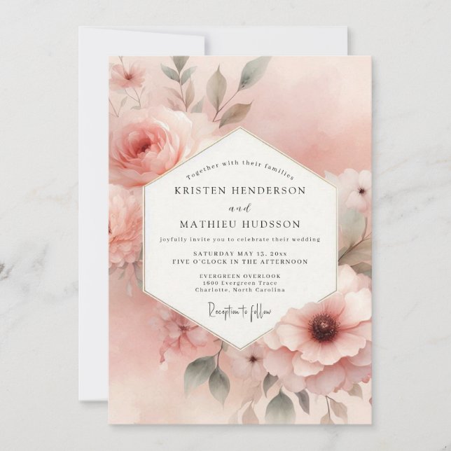 Convites Casamento Floral Rosa Poético (Frente)