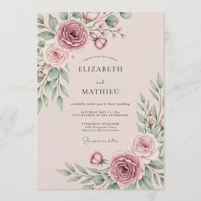 Convites Casamento Floral Rosa Poético (Frente)