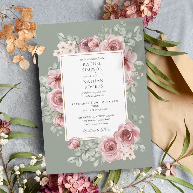 Convites Casamento Floral Rosa Poético com Verde Sage Elega (Elegant Dusty Rose Floral Sage Green Wedding Invitation)